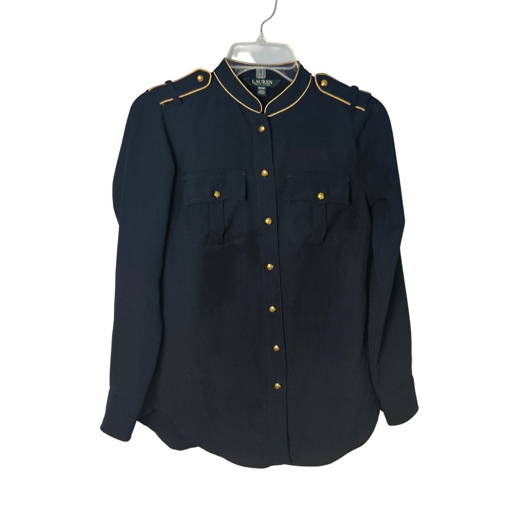 Lauren Ralph Lauren Office Top Metallic Trim Military Blouse Dark Blue Womens XS
